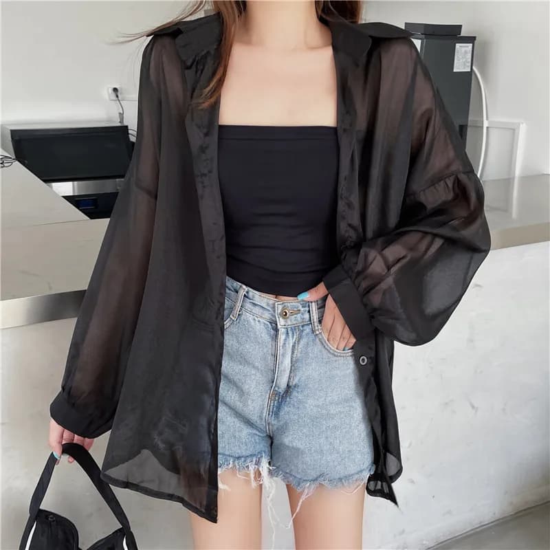 Chemise semi-transparente à manches longues pour femmes, col boutonné scintillant, chemise légère un