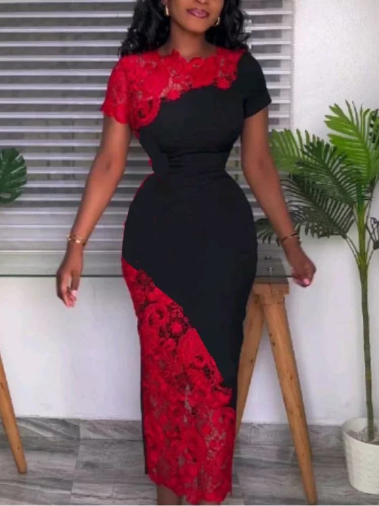 Robe mi-longue en dentelle rouge pour femme, col rond, manches courtes, coupe couvertes, patchwork, 