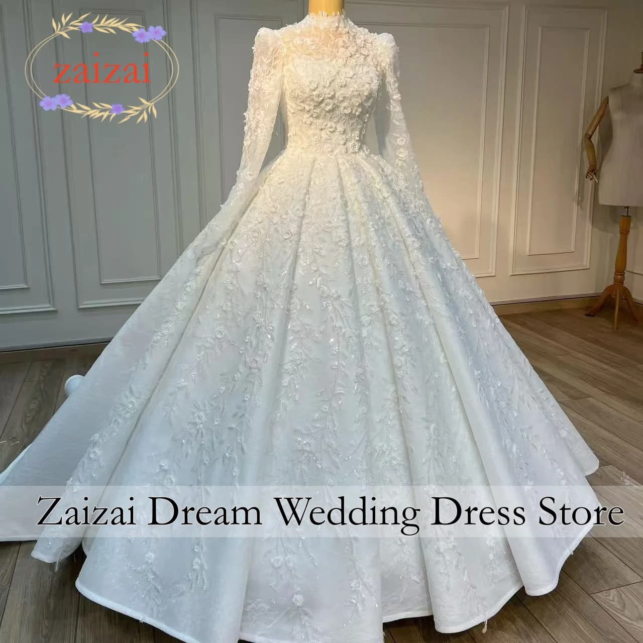 Robes de mariée de luxe personnalisées à fleurs 3D, robes de bal de mariée à col haut, manches longu