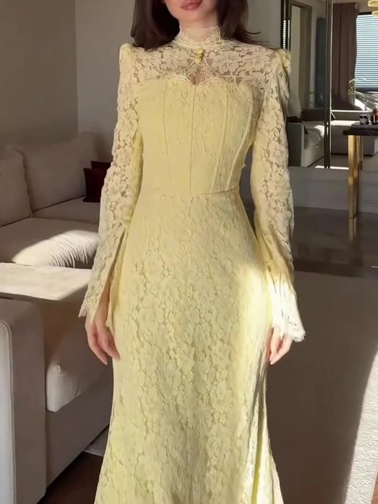 Femmes élégantes broderie creuse robe longue décontracté à manches longues solide mince robe de soir
