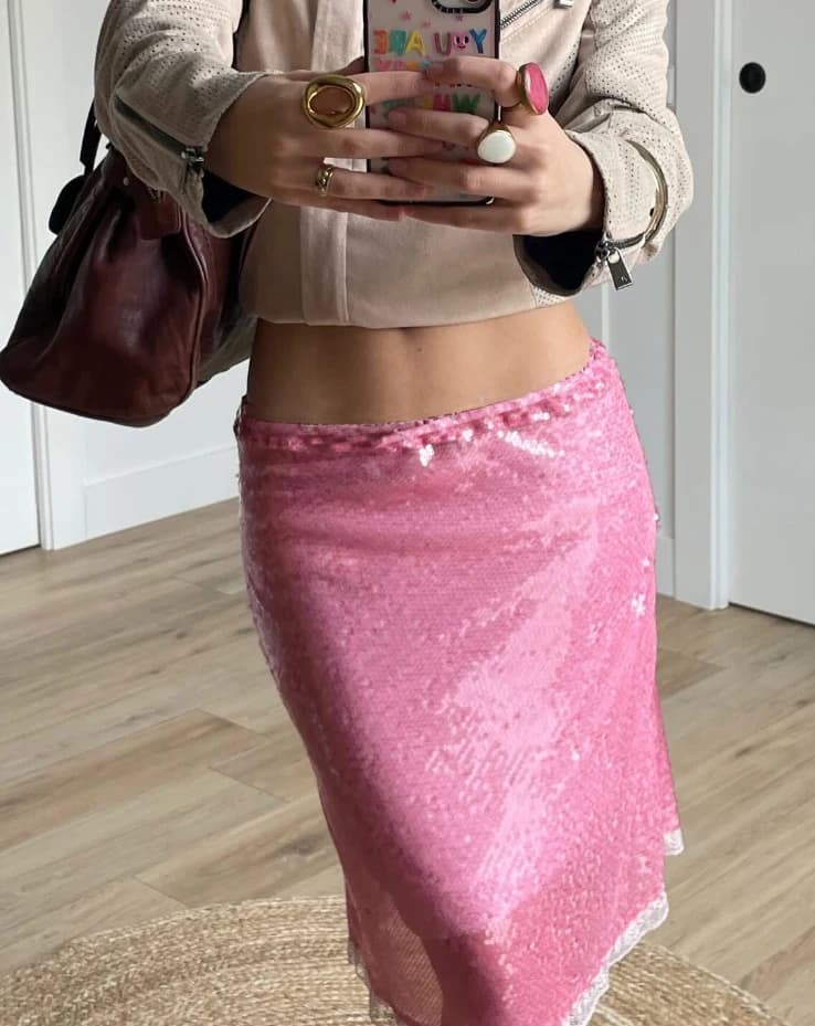 Nouvelles femmes mode jupes mi-longues paillettes dentelle garniture taille basse jupes été moulante