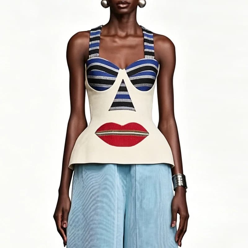 Ensemble jupe longue à rayures imprimées tendance, haut sexy à col halter et jupe asymétrique, tenue