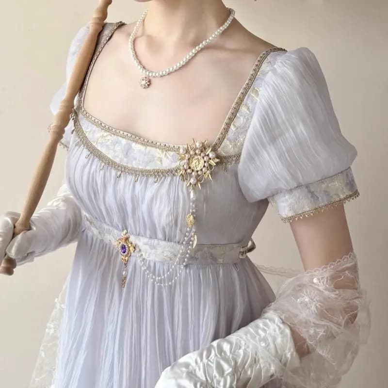 Robe Lolita Empire faite main pour femme, style Régence, verte vintage, ornée de perles et de dentel