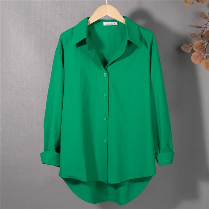 Décontracté à manches longues Blouse vêtements amples élégant col rabattu bouton chemise verte femme