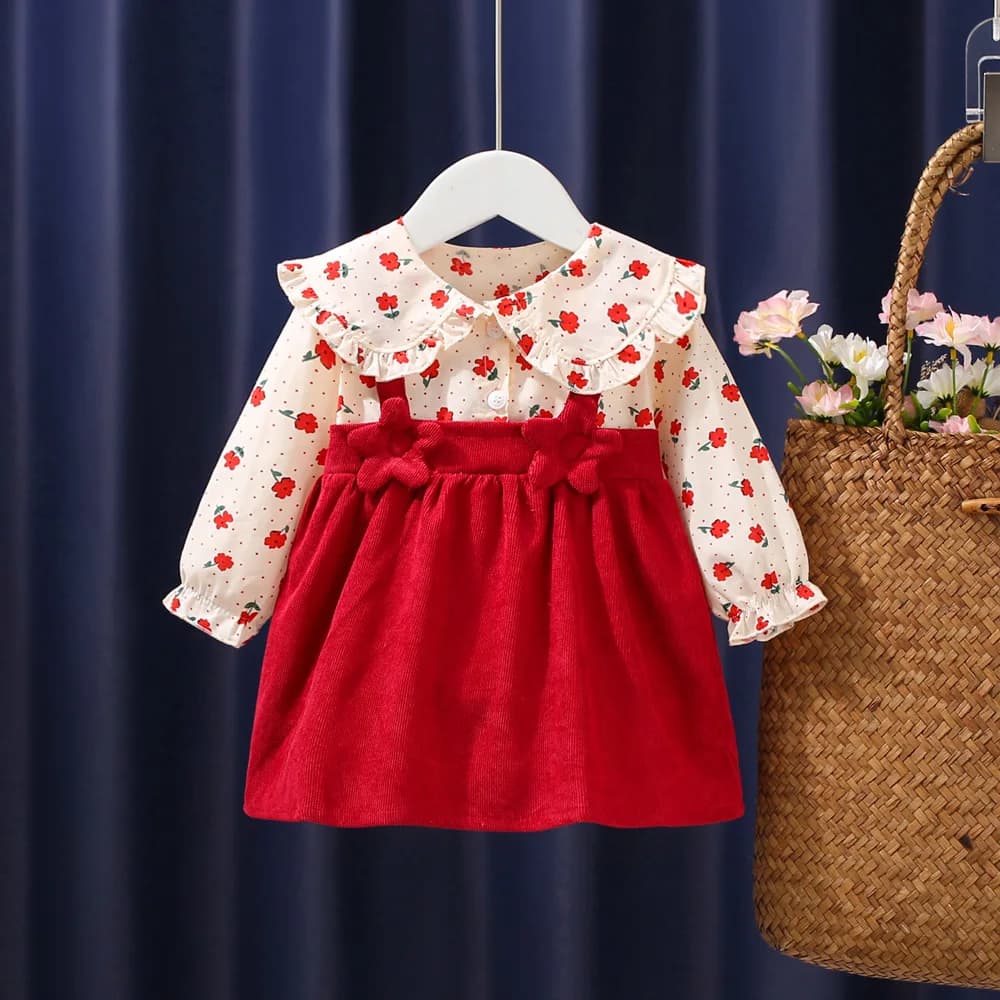 Robes pour filles, motif nœud et fleurs, manches longues, vêtements pour bébés filles, robes mignonn