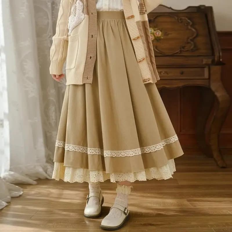 Jupe longue taille haute évasée style Y2K pour femme, design élégant français, dentelle, mode coréen