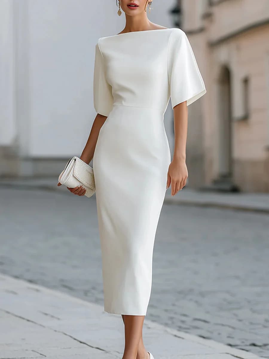 Robe midi à col bateau, manches courtes, élégante, ajustée, pour soirée, cocktail, soirée de gala, p