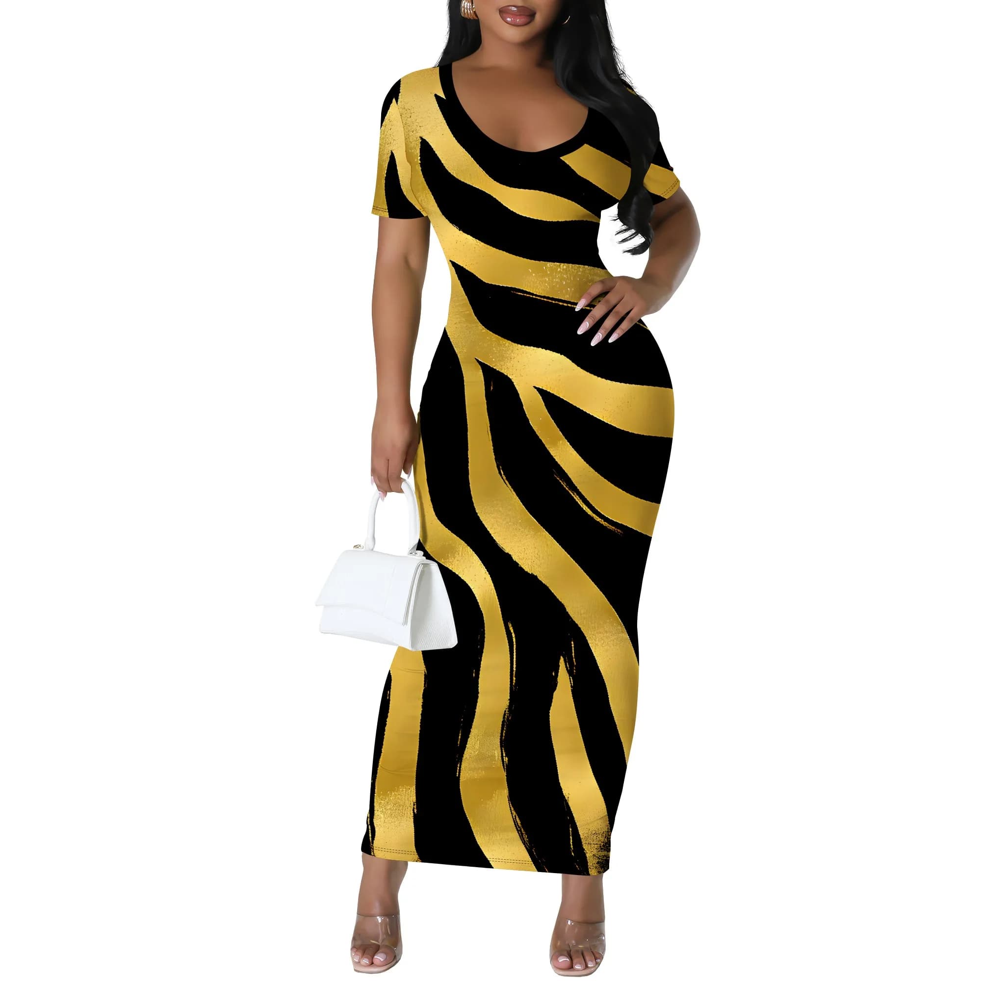 Jupe crayon à imprimé animal pour femme – Jupe mi-longue moulante ajustée, moulante sexy à col rond,