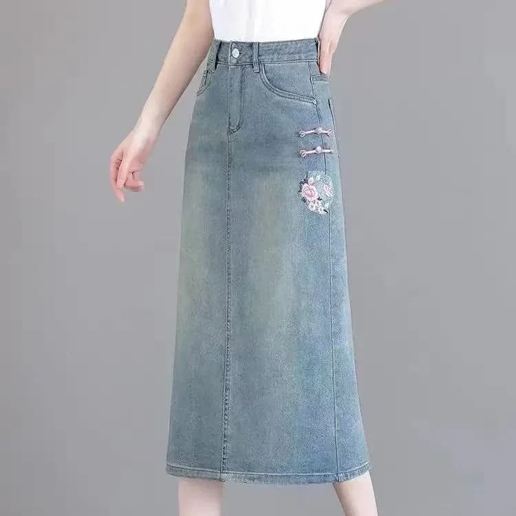 Jupe en jean bleue pour femmes, avec fente brodée, taille haute, Y2k, Vintage, qualité esthétique, S