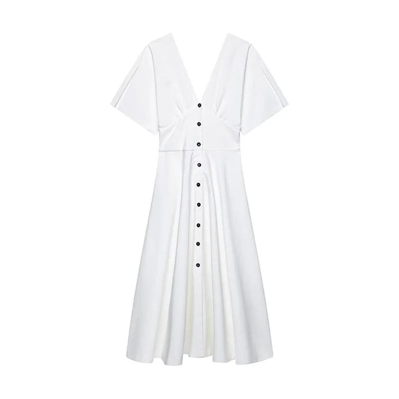 Robe longue blanche élégante, manches courtes, col en v, boutons, taille haute, Slim, ligne a, été, 