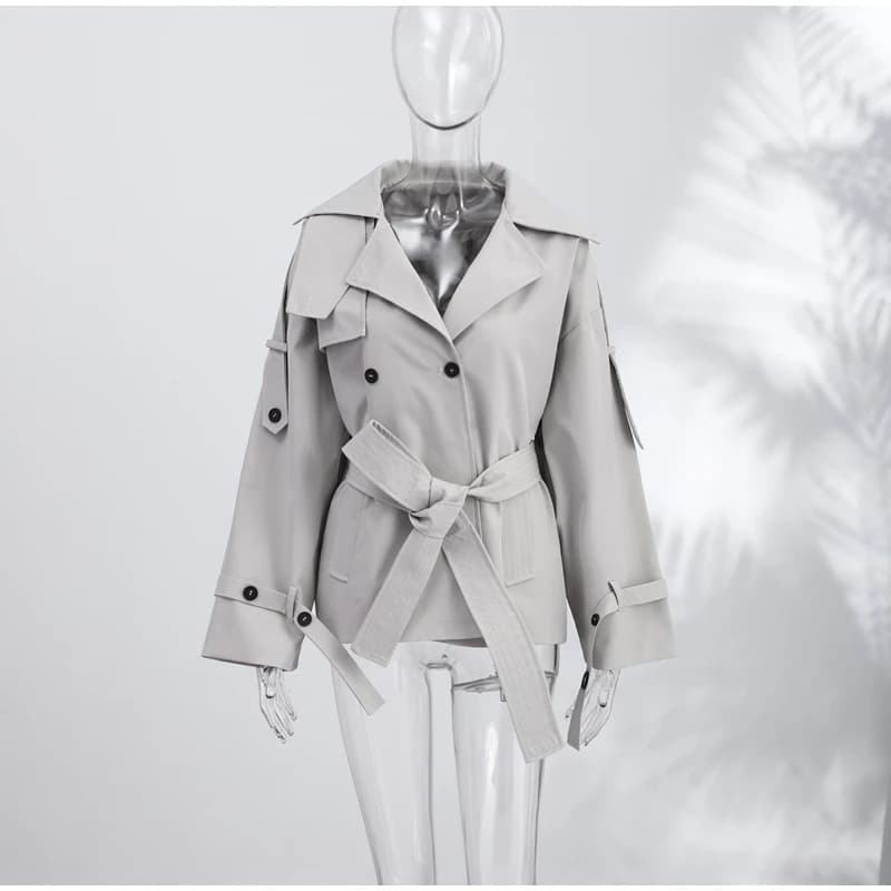 Trench-coat court femme à nouer, col à revers, manches longues avec ceinture, coupe oversize, coupe-