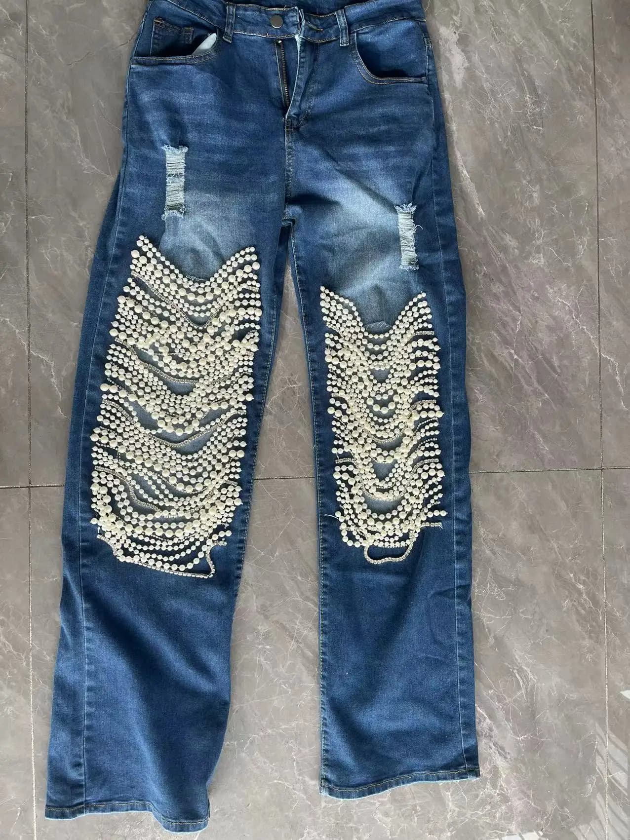 Beachapche-Jean Droit en Coton pour Femme, Pantalon en Denim, Couleur Unie, Taille Haute, Perles, St