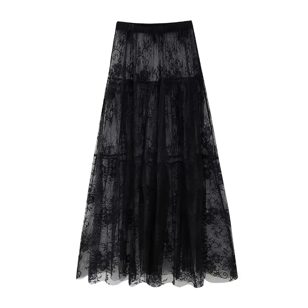 TRAF-Jupe mi-longue taille haute en maille de dentelle noire pour femme, jupe longue en tulle, trans