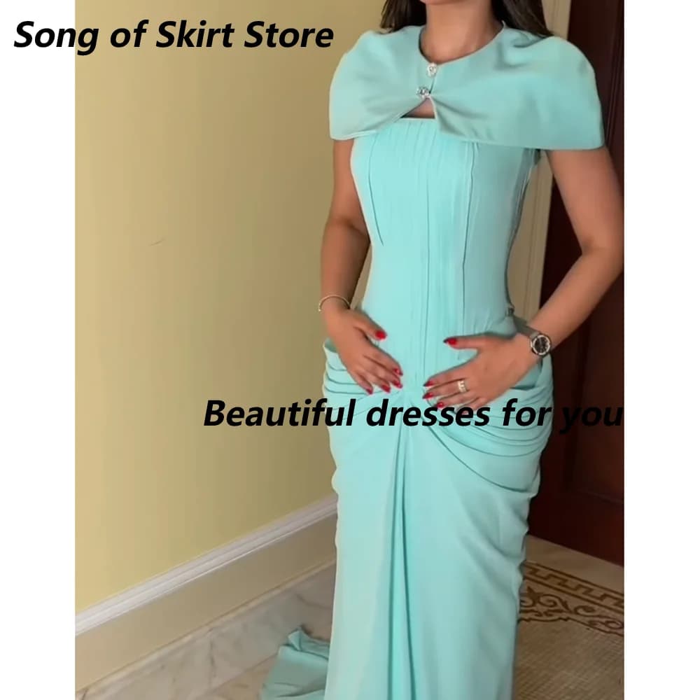 Robe de soirée élégante et droite, personnalisée, col rond, manches courtes, plissée, en jersey, lon