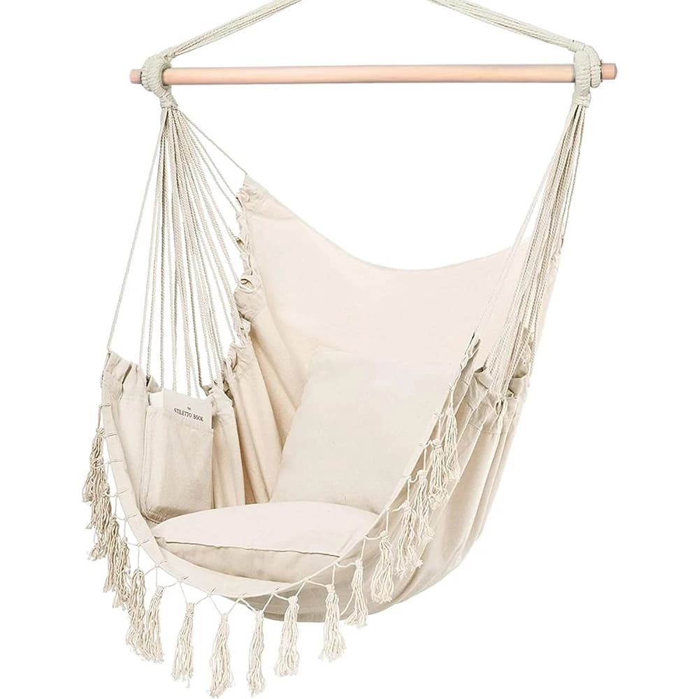 Chaise suspendue en macramé avec 2 oreillers |   Balançoire en corde de coton d'une capacité de 500 