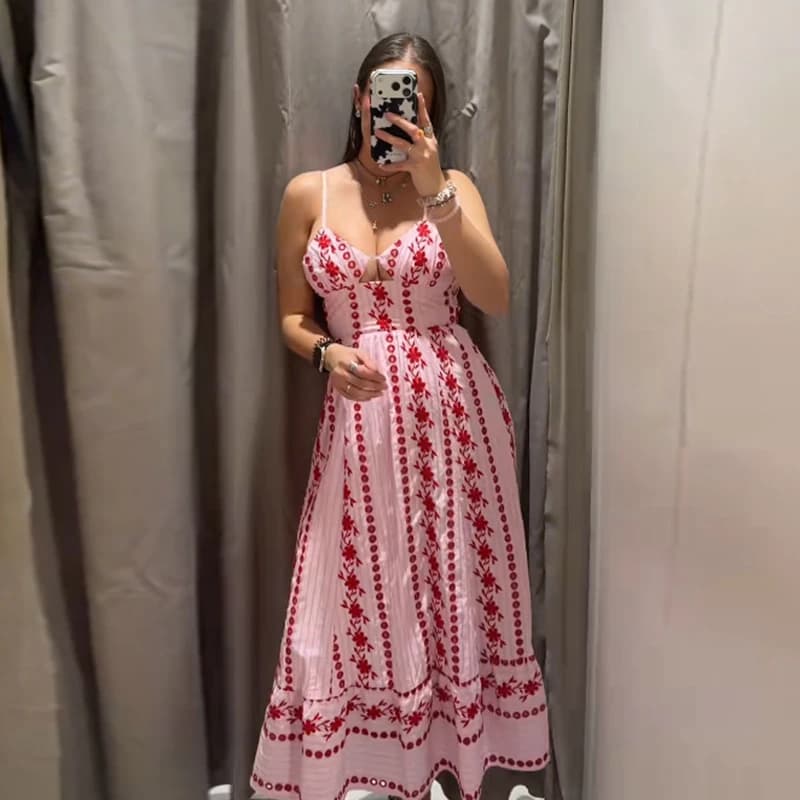Nouvelle Robe Longue Imprimée Femme, Style Camisole, Taille Cintrée, Dos Nu, Plissée, Coupe Trapèze,