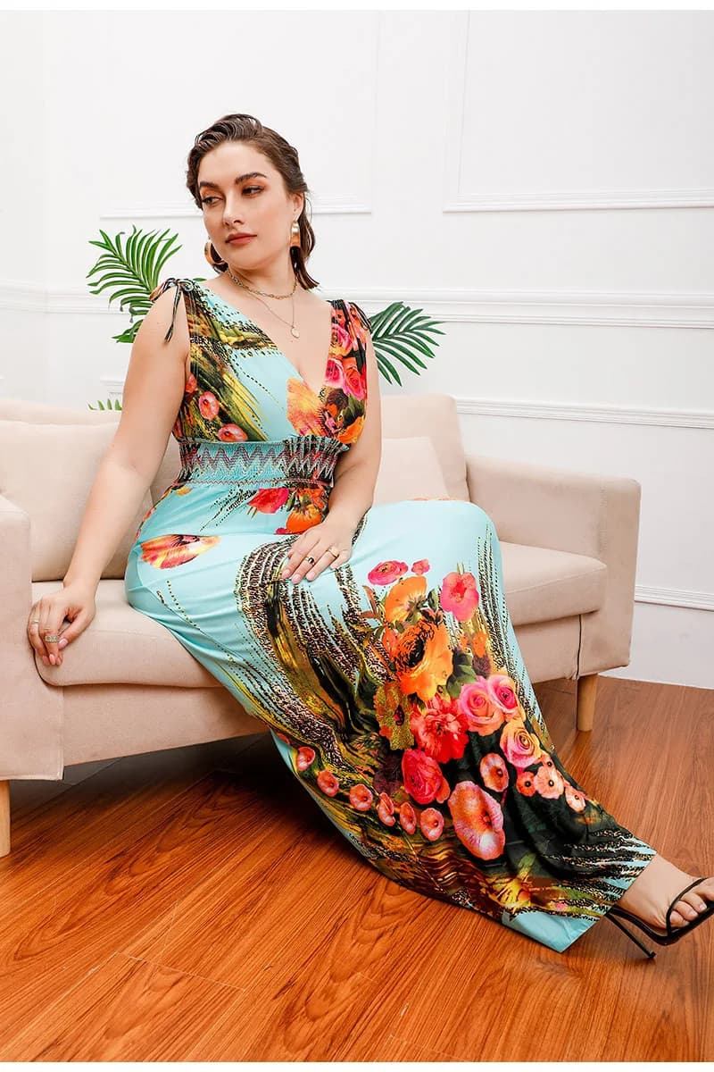Robe longue sans manches pour femmes, grande taille, imprimé floral, col en v, élégante, grande robe