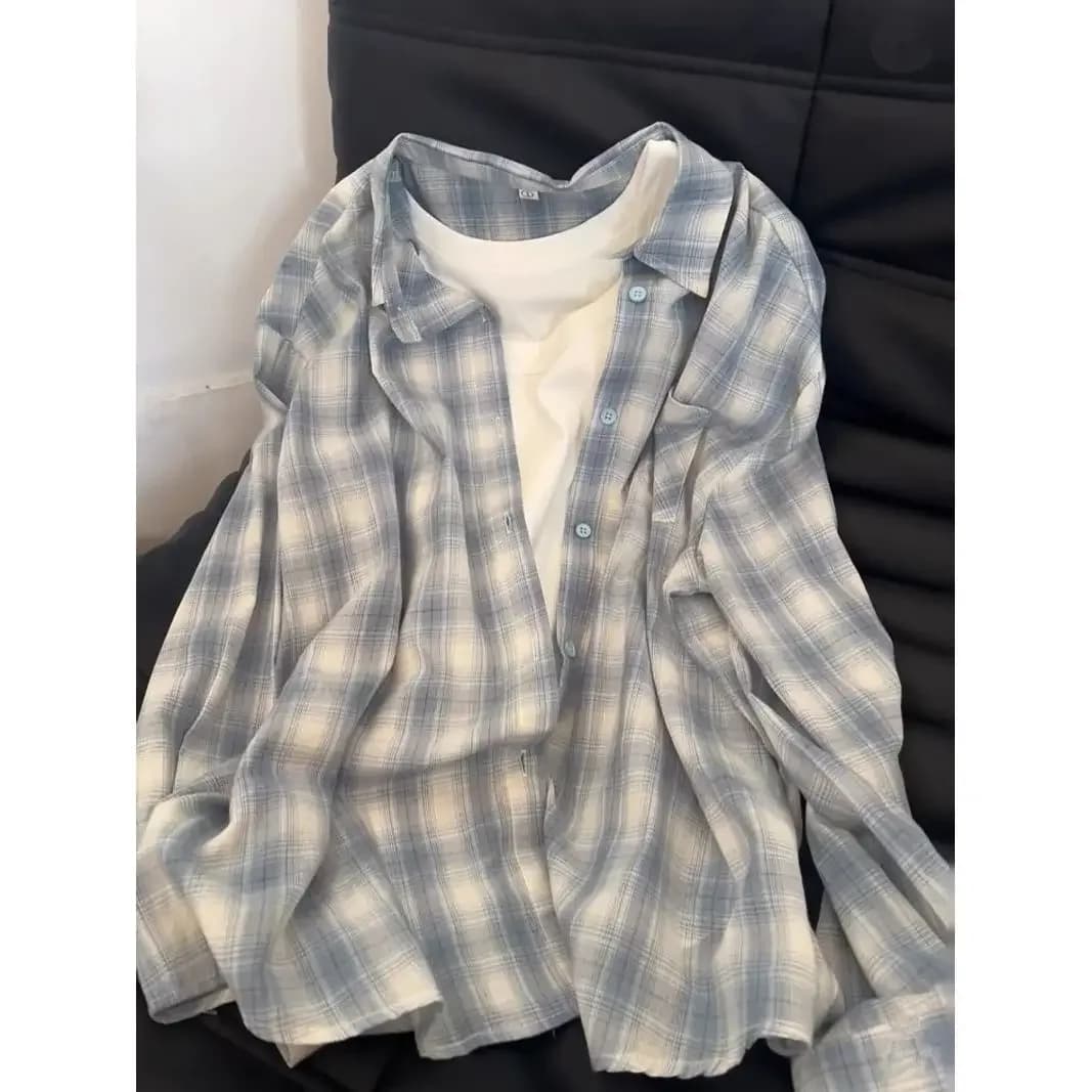Chemise décontractée à manches longues pour femmes, ample, bleu, haut à carreaux, manches princesse,