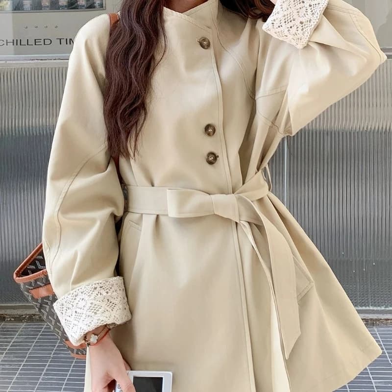 Trench-Coat kaki mi-long pour femmes, Petite, Look haut de gamme, poignets à lacets, manteau amincis