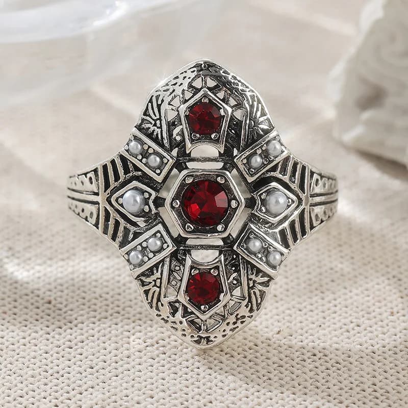 Bague texturée argentée de style gothique avec rubis synthétique incrusté délicat pour femme, access