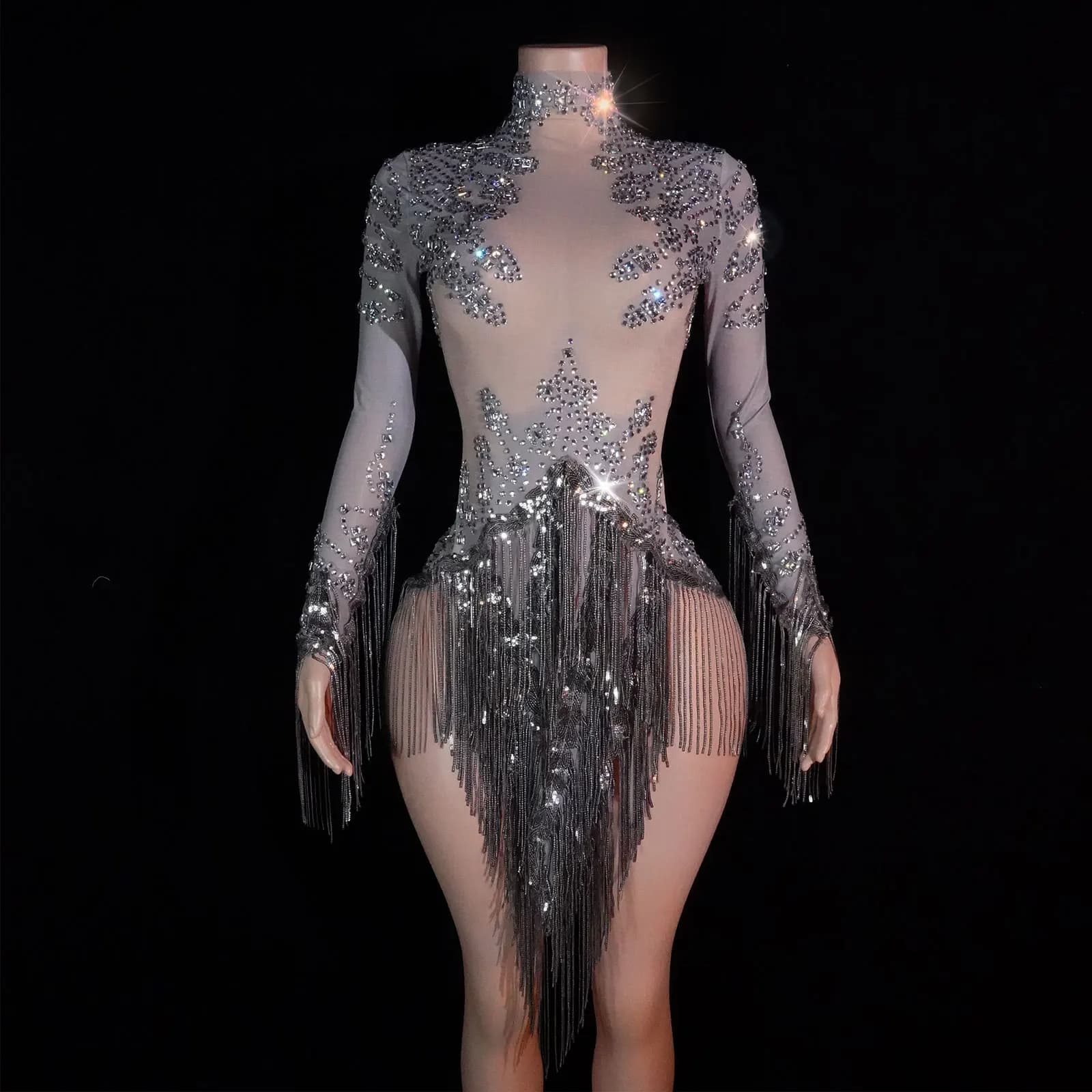 Nouveau body à sequins gris pour femme, avec franges et strass, sexy, pour spectacle, chanteuse, dan