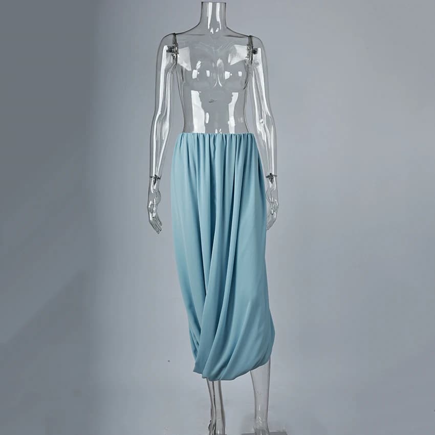 Linad élégant en mousseline de soie bleu fendu jupes longues femme décontracté taille élastique jupe