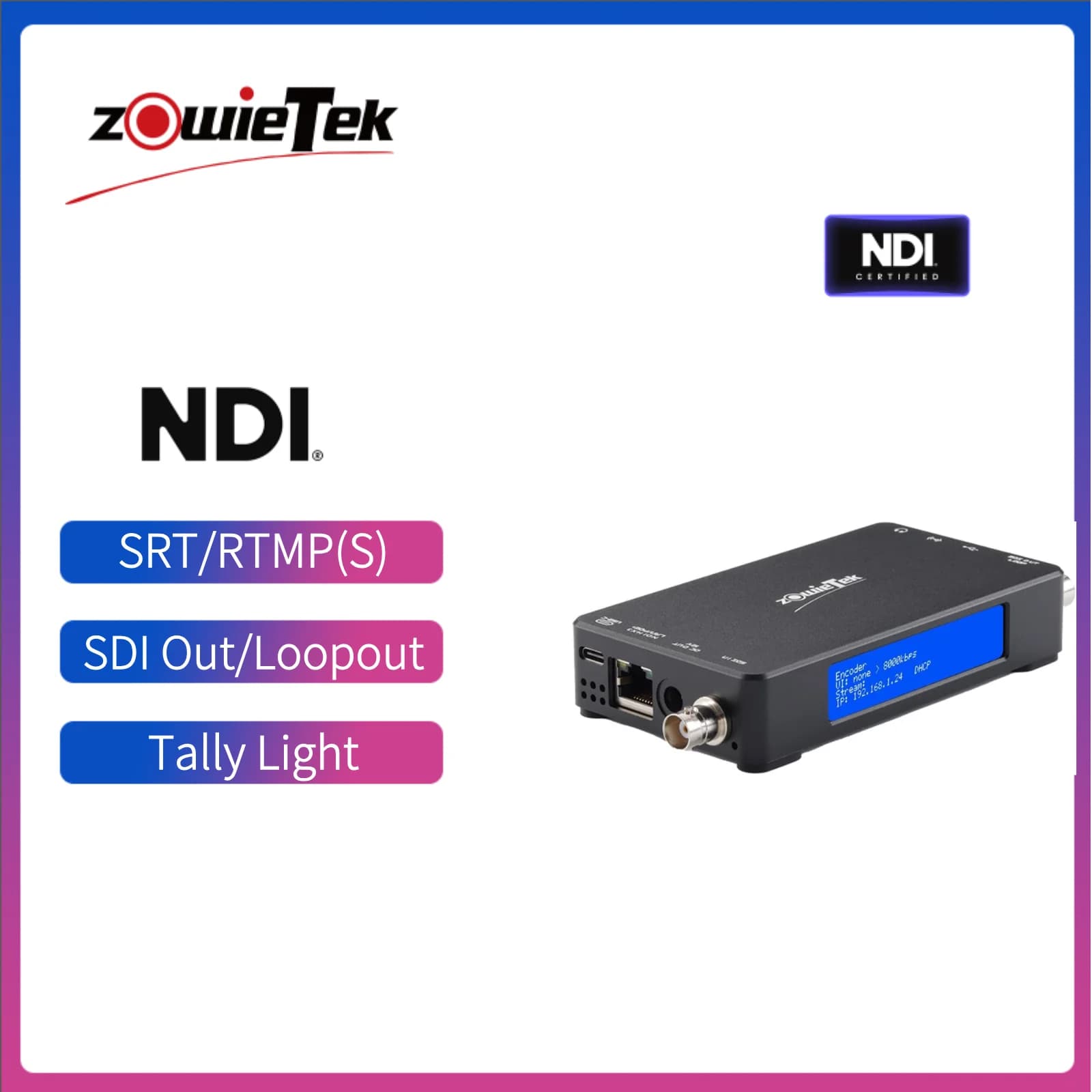 Zowietek Encodeur/décodeur vidéo 3G NDI SDI, extension SDI, SRT, RTMP(S), RTSP, streaming en direct 