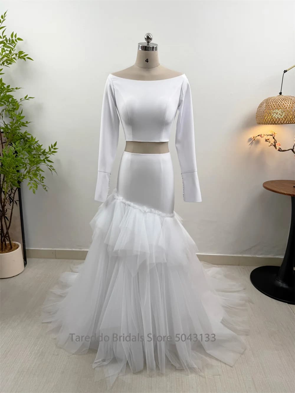 Robe de mariée en Jersey bohème deux pièces personnalisée, manches longues, taille basse, en Tulle à