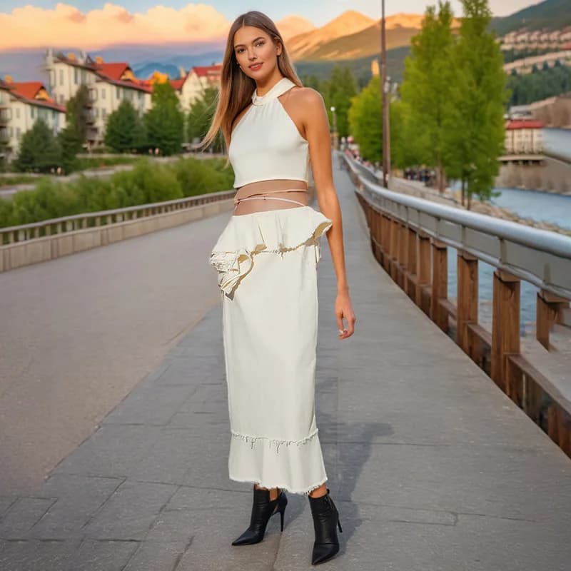 Jupe buste longue taille haute à lacets pour femmes, nouveau Design d'épissure de bord à volants, se