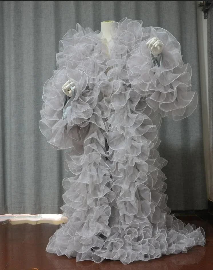 Veste en organza argenté pour femme, manches longues, robes à volants, longueur au sol, robe longue 