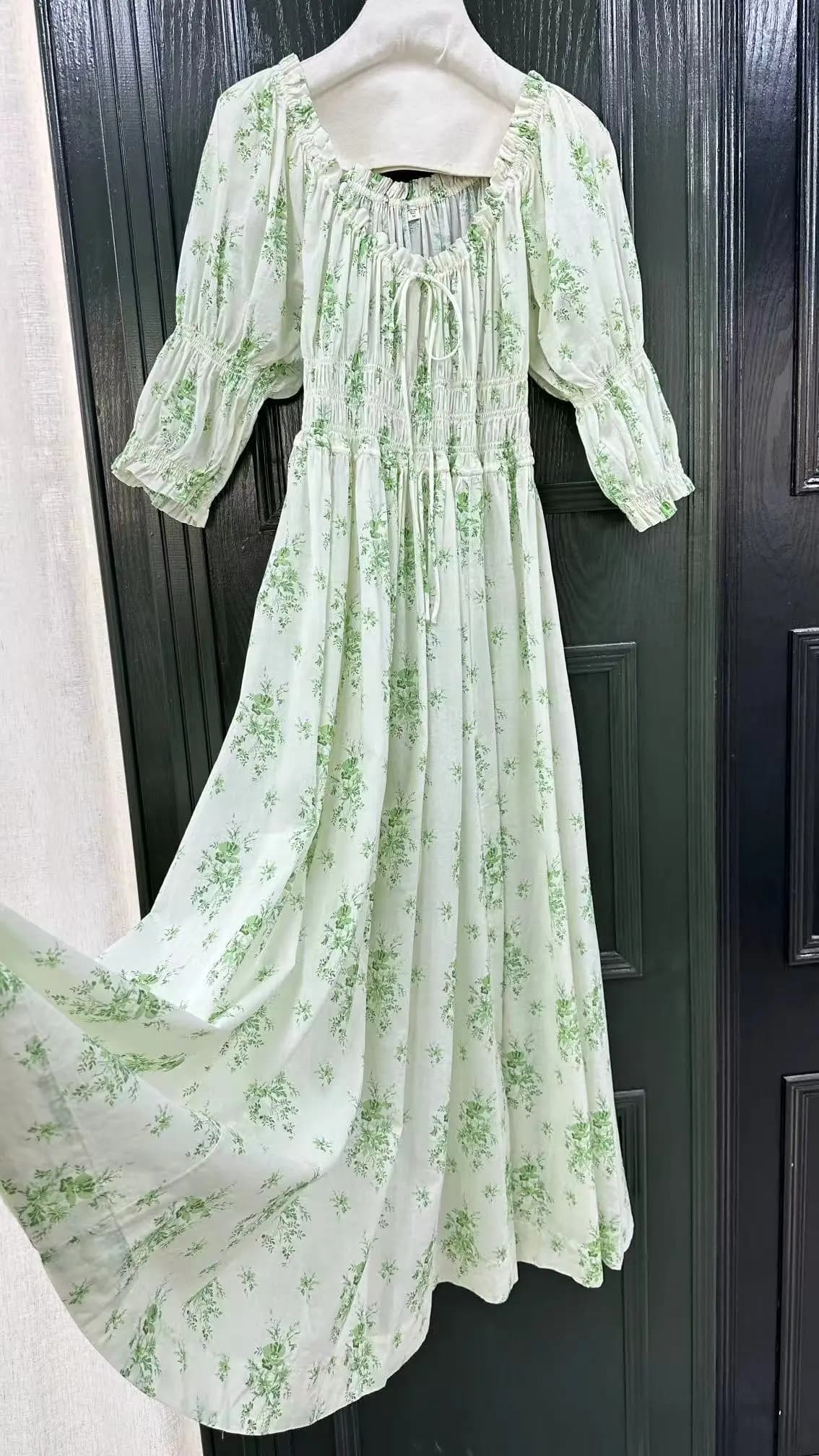 Robe longue élégante pour femme 2026, imprimé floral vert, taille élastique, manches bouffantes, col