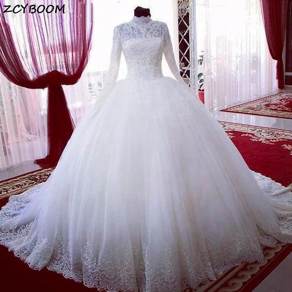 Robes de mariée longues en A pour femmes musulmanes arabes, blanches/ivoire, 2026, appliques en dent