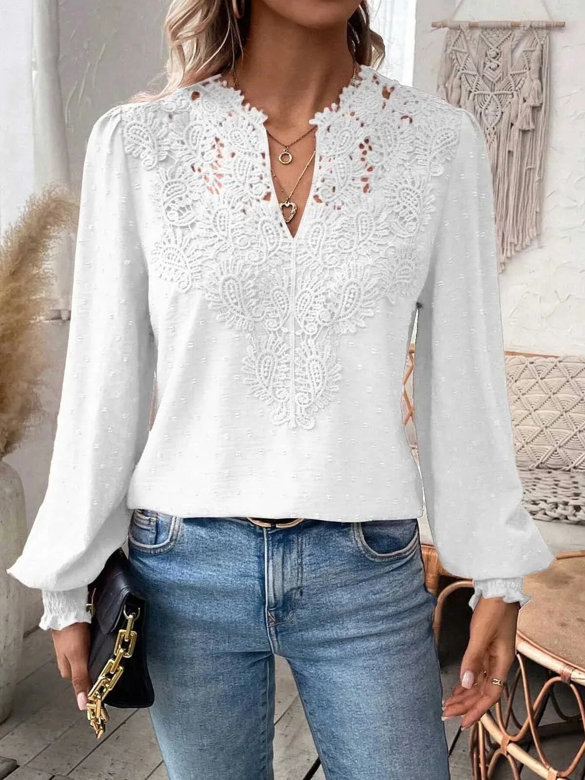 Pull en dentelle à manches longues pour femmes, pull à col en V, manches bouffantes, mignon, automne