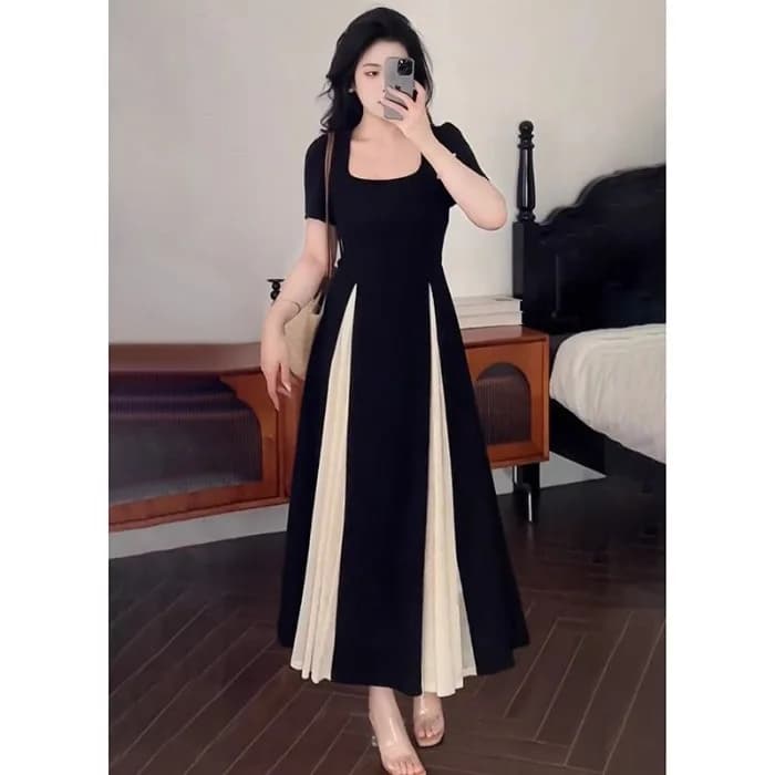 Robe longue en gaze grande taille à col carré, design français amincissant, jupe évasée en tricot à 