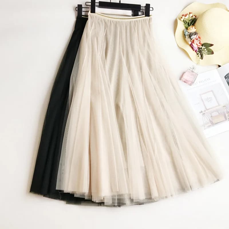 Été maille femmes jupe plissée solide taille haute une ligne Tulle jupes Chic longue Maxi Tutu jupe 