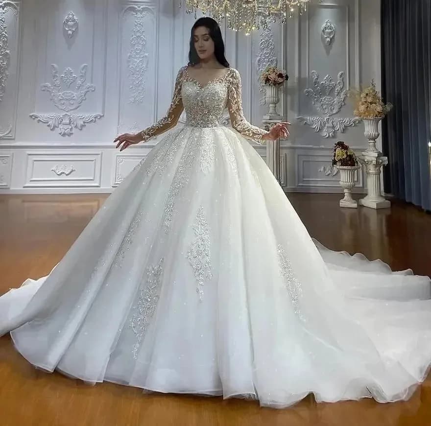 Robe de mariée luxueuse en dentelle pour femmes, manches longues, appliques, longueur au sol, robe d