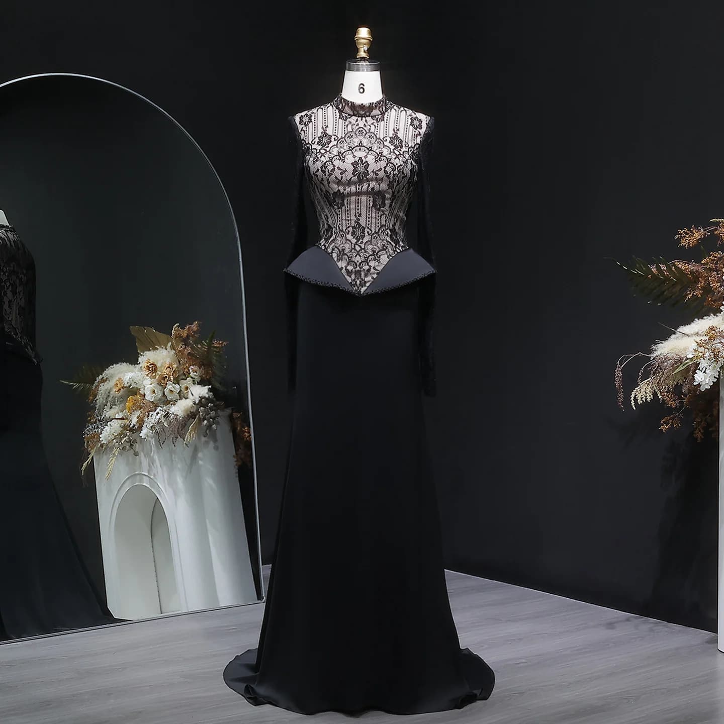 Sharon Said arabe noir Satin col haut robe de soirée avec dentelle manches longues 2026 pour les fem