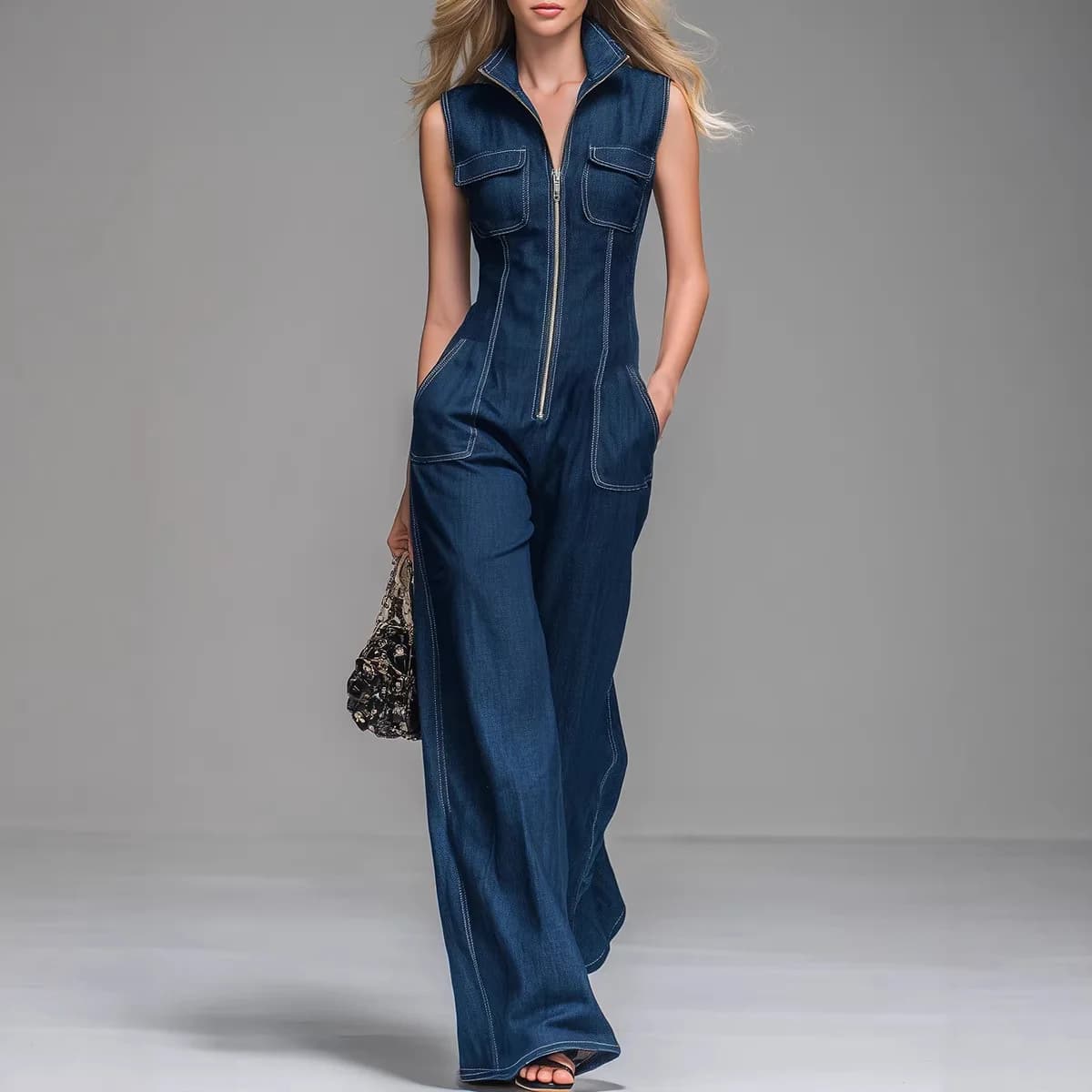 Combinaison en jean sans manches pour femme, taille haute, coupe large, style cargo, avec fermeture 