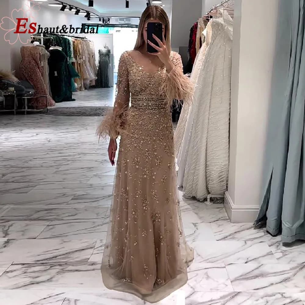 Robe de soirée élégante en plumes de dubaï pour femmes, col rond, manches longues, perles, robes for