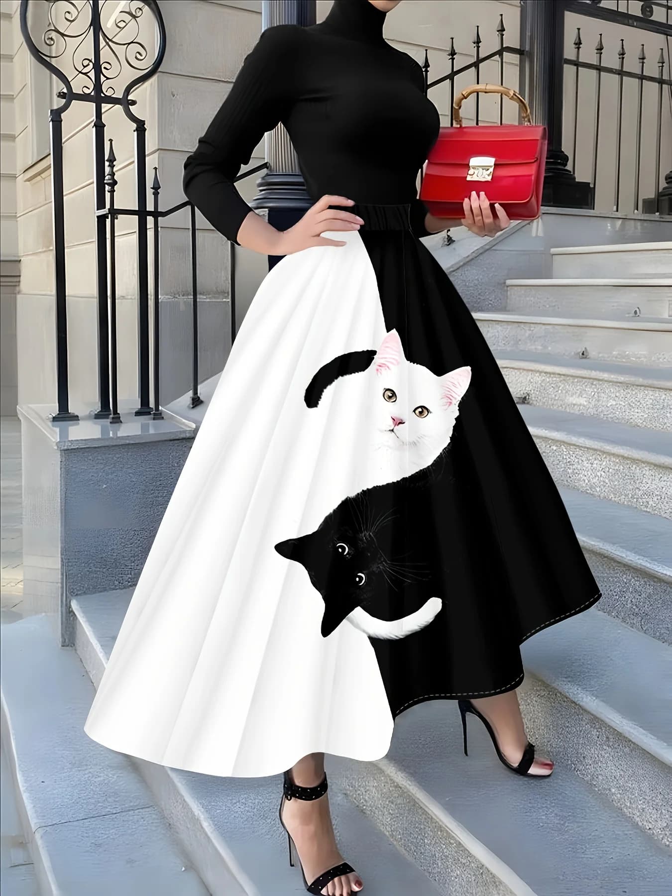 Jupe midi décontractée à imprimé chat noir et blanc pour femme, coupe trapèze, taille haute, idéale 