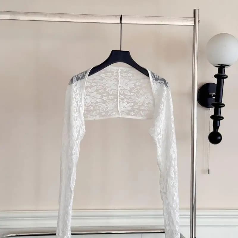 Hauts courts sexy en dentelle à manches longues pour femmes, couleur unie, ajourés et transparents, 