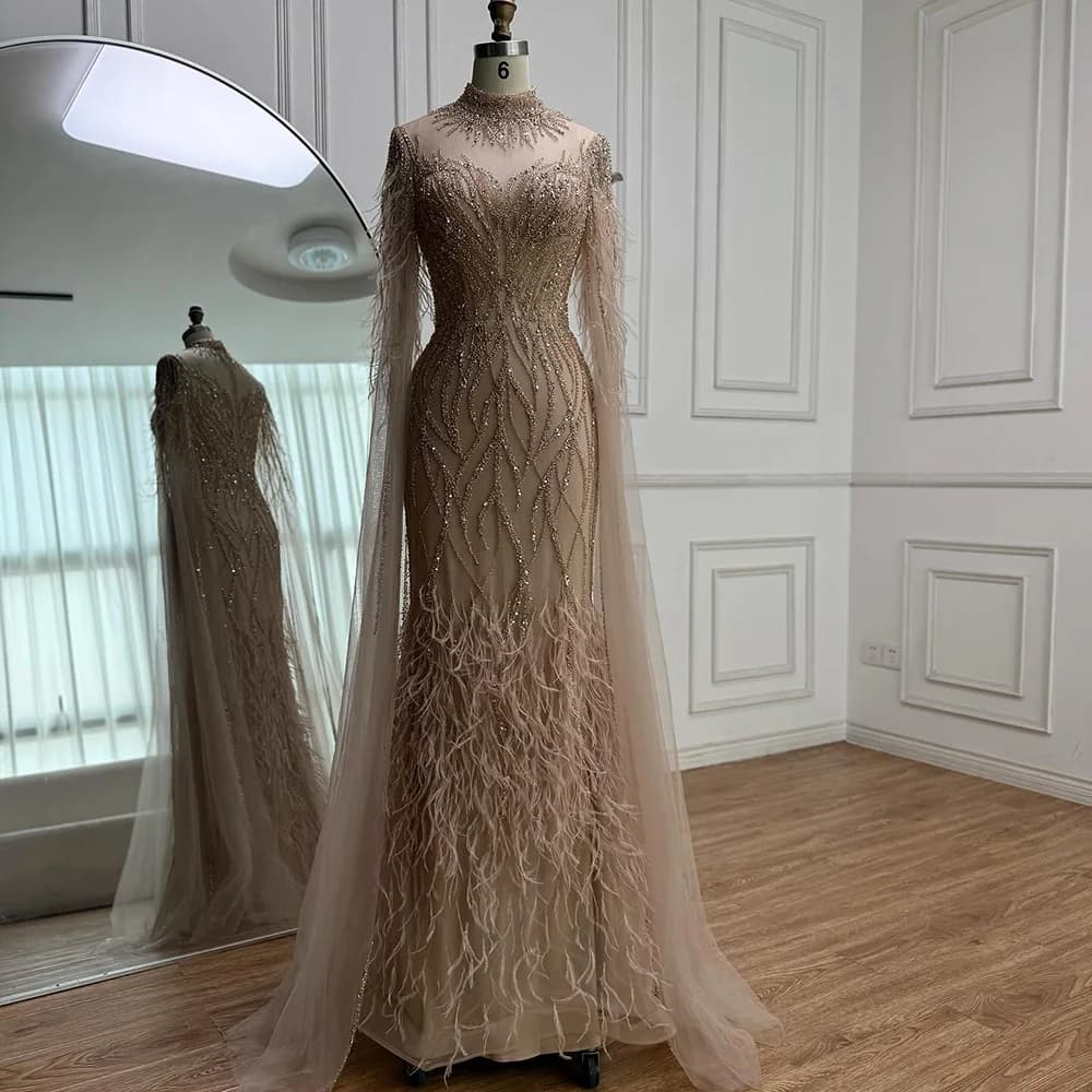 Robe de soirée en plumes nues pour femmes, col haut, manches Cape, luxe, perles, robe formelle, pers