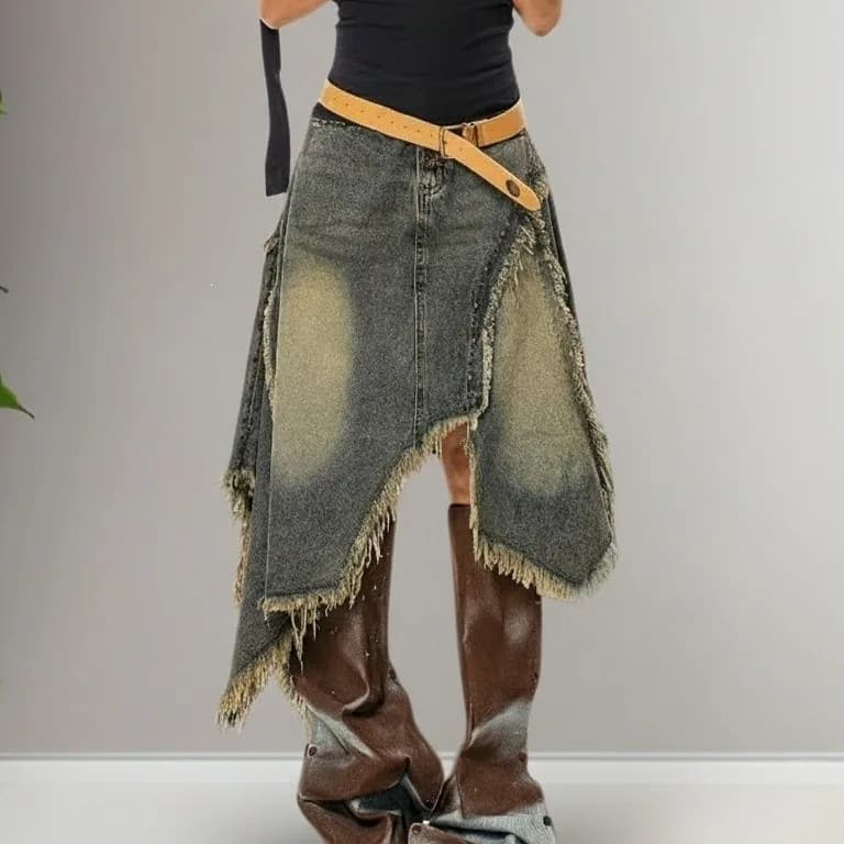 Jupe en jean rétro décontractée avec franges, jupe midi évasée, jupe mini en jean vintage délavé pou