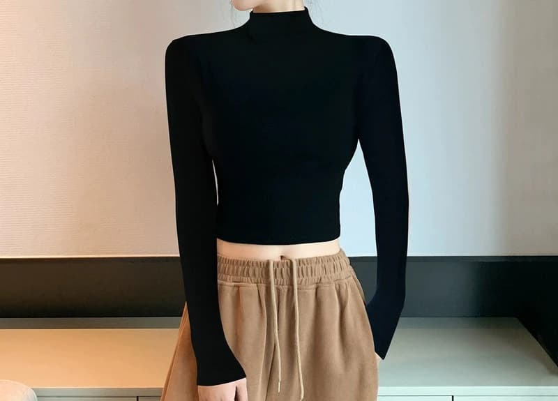T-shirt noir à manches longues pour femmes, nouveau Style, coupe cintrée, nombril exposé, col mi-hau