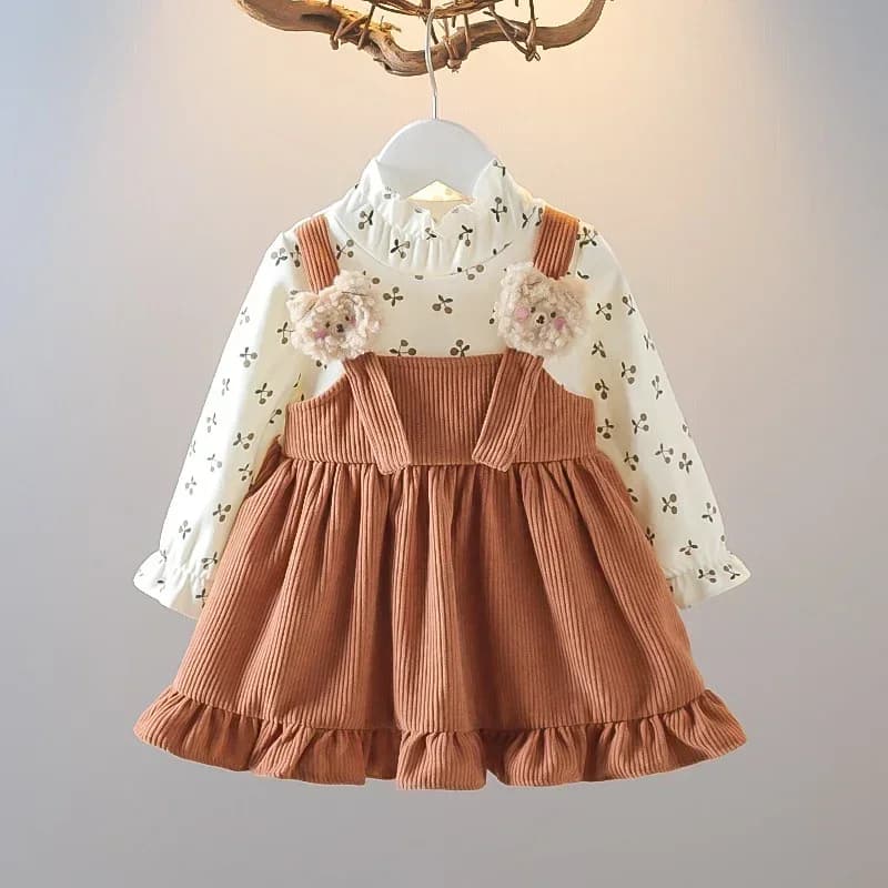 ‌ Robe salopette à manches longues pour fille, printemps-automne, avec imprimé ours cerise mignon, t