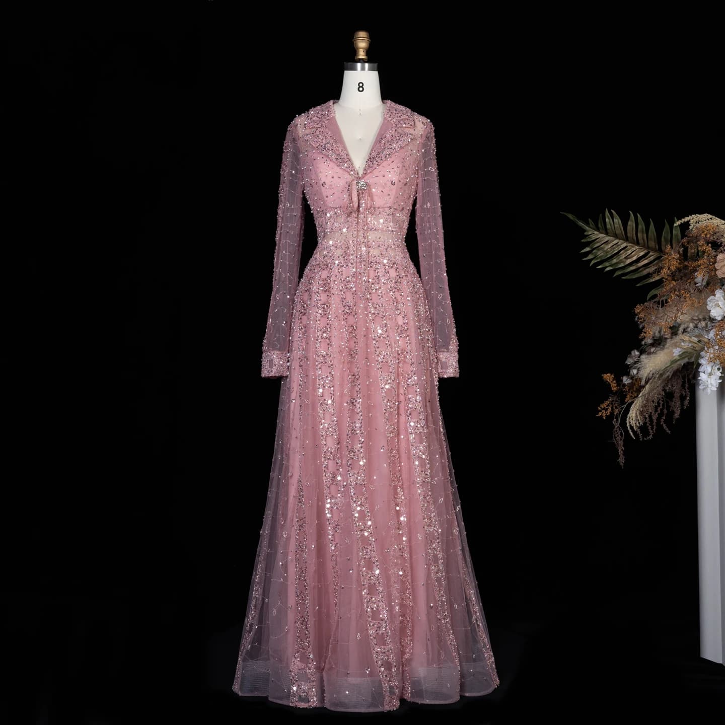Robe de soirée élégante Sharon Said pour femme, manches longues, luxueuse, ornée de perles, coupe tr