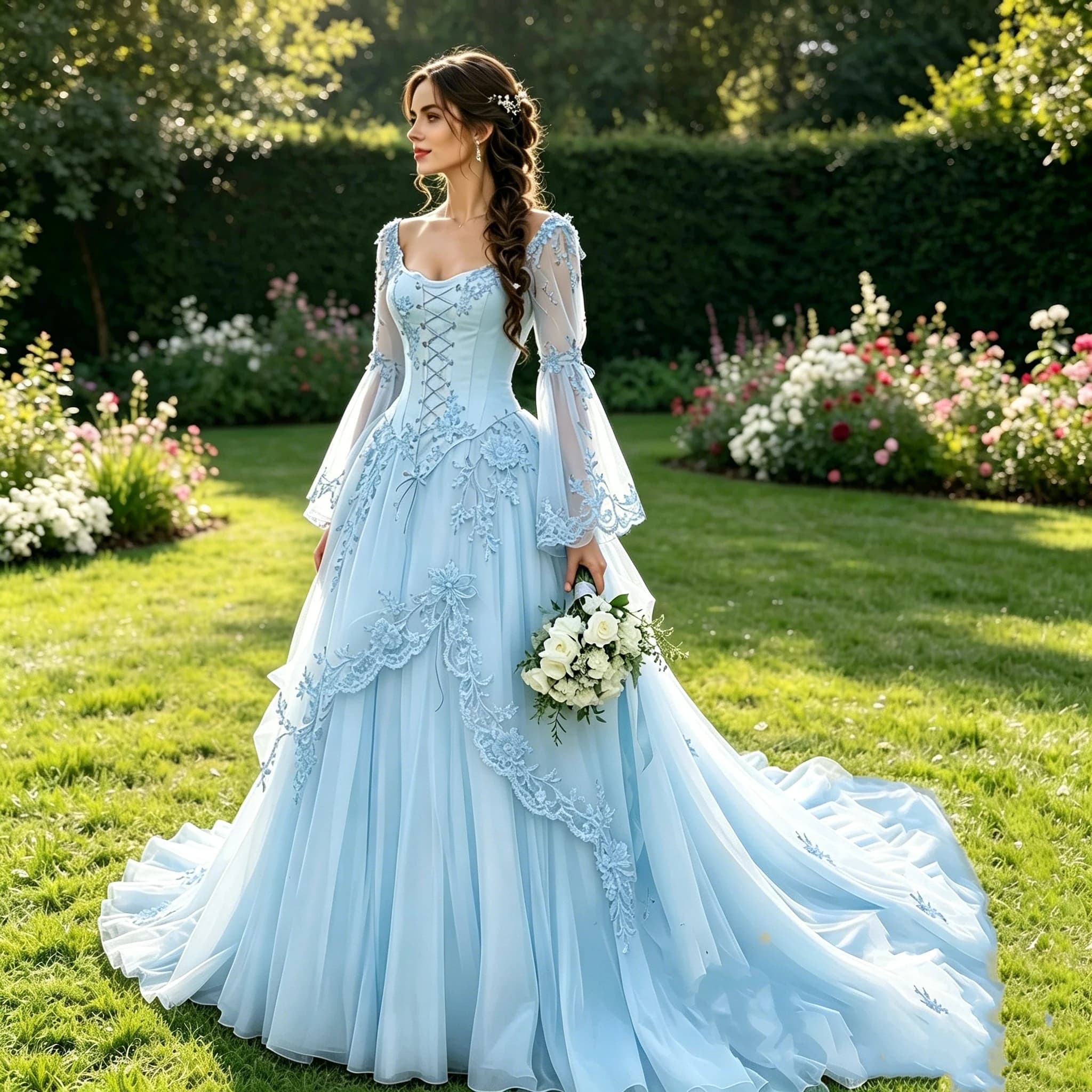 Robe de mariée bohème bleu ciel clair avec appliques en dentelle, corset, coupe trapèze, en tulle, m