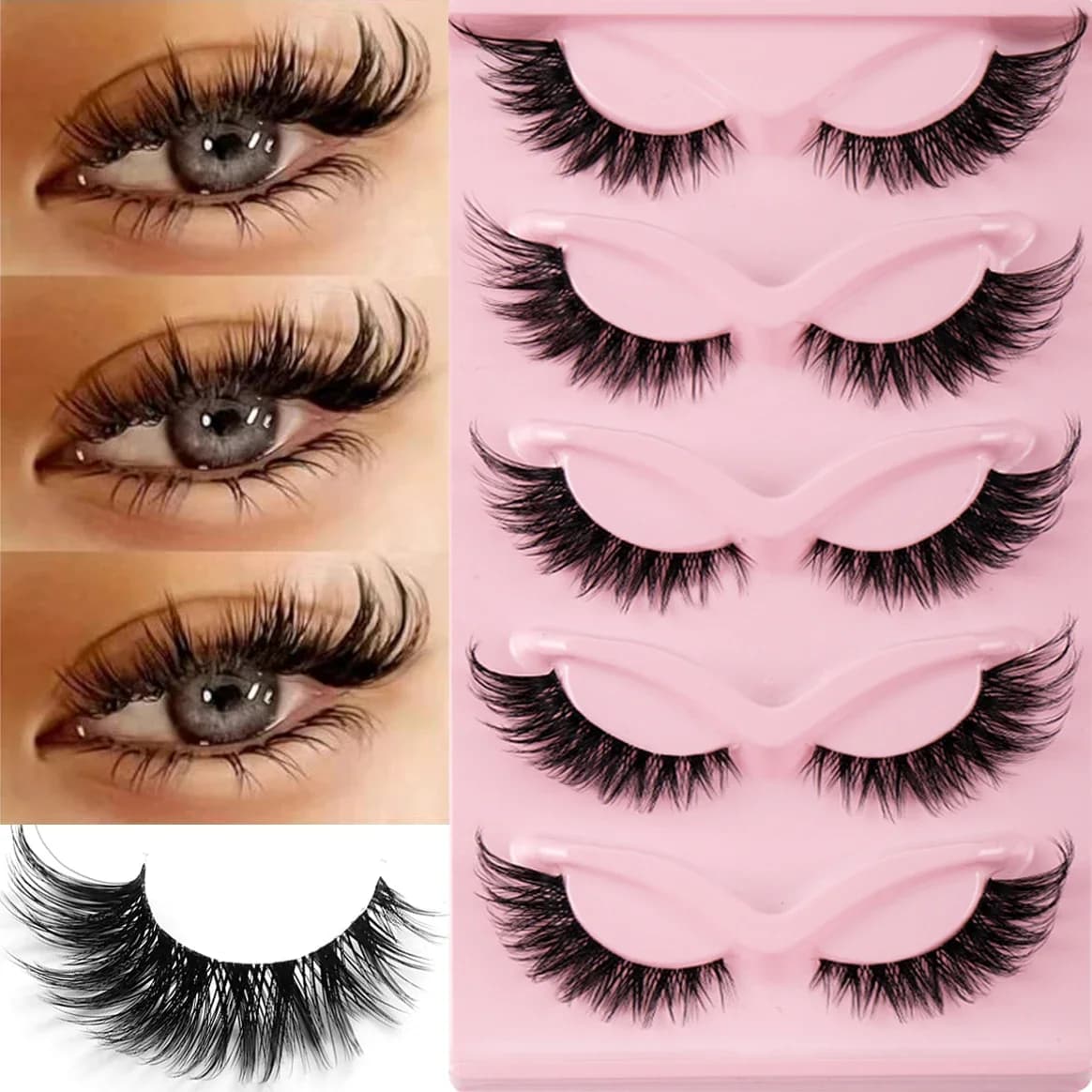 5 paires de faux cils œil de chat, longs et naturels, Manga, extrémité ailée, cils allongés, maquill