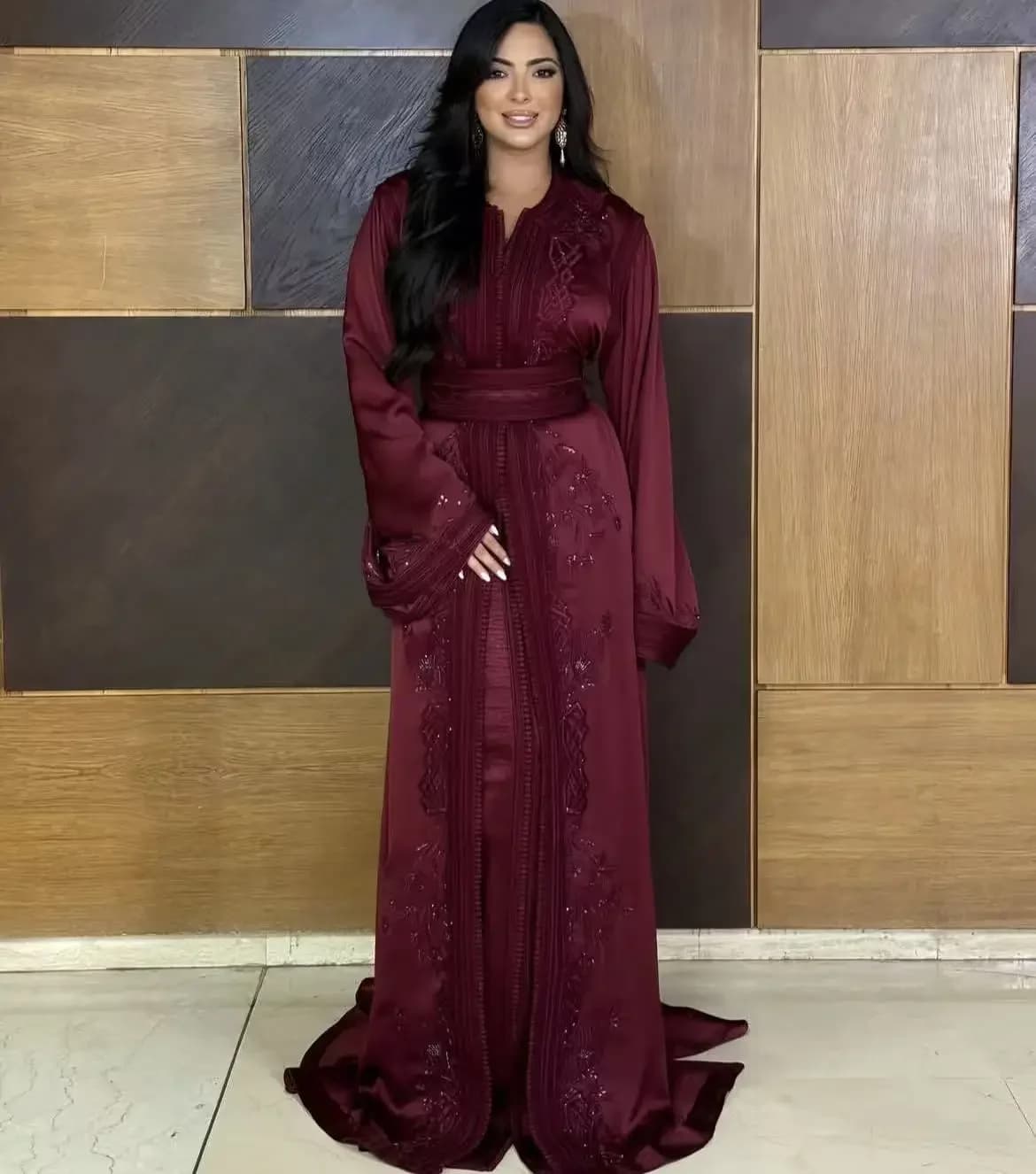 Kaftan marocain, robes de soirée musulmanes, robes longues à manches longues, dentelle perlée, abaya