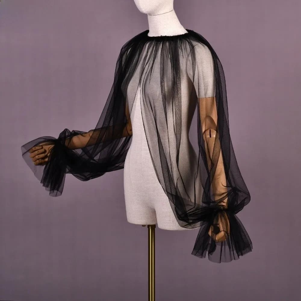 Chemisier à manches longues bouffantes, design à volants, faux col doux, léger, couleur unie, col dé